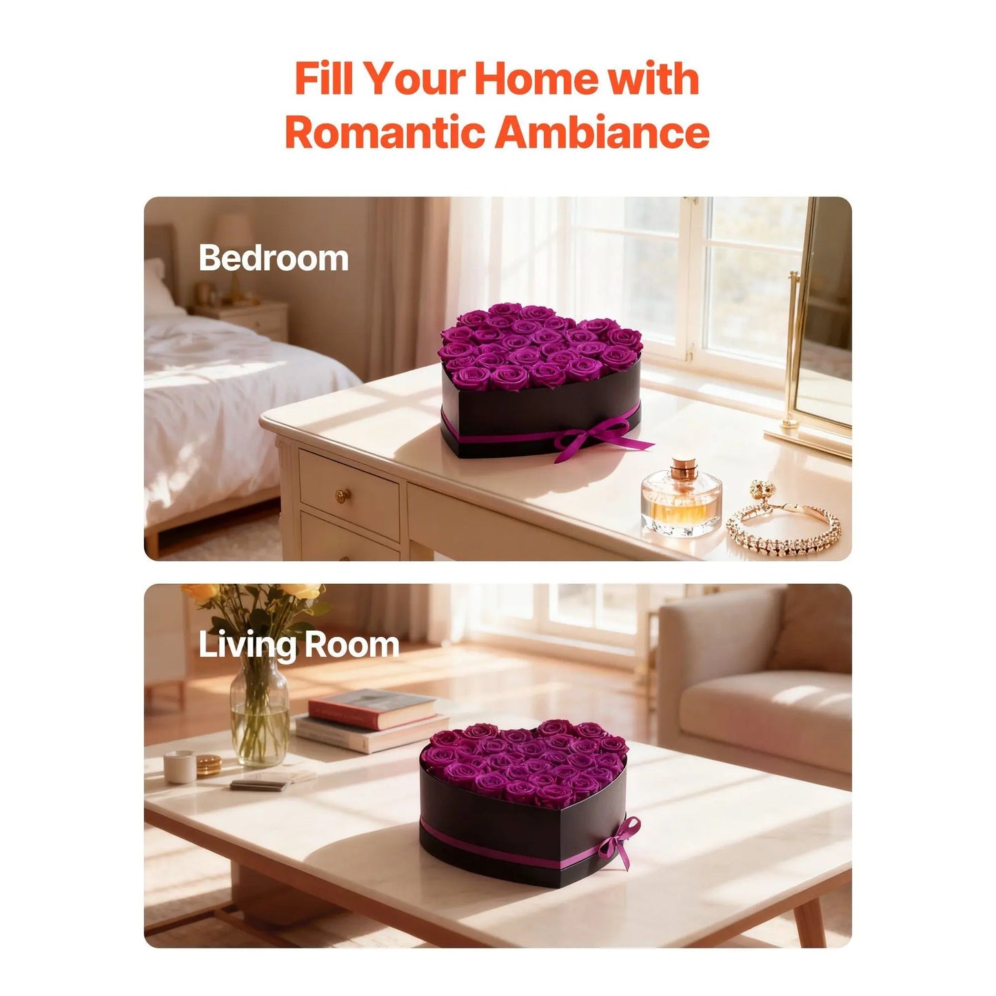 Heart-shaped box of purple roses on a table with bedroom and living room settings.