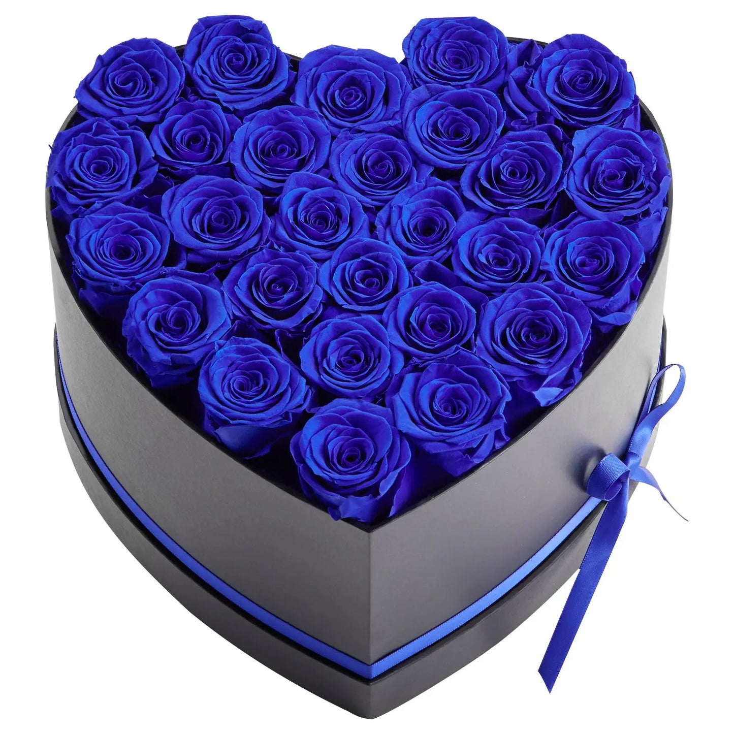 Heart-shaped box filled with blue roses on a white background