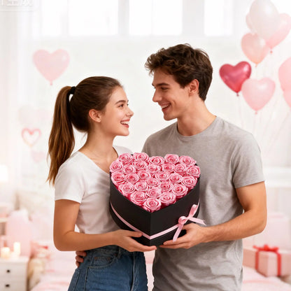 A smiling young couple in a brightly lit room decorated with pink heart balloons and gift boxes. The woman holds one side of a large black heart-shaped box filled with pink roses, while the man holds the other side.