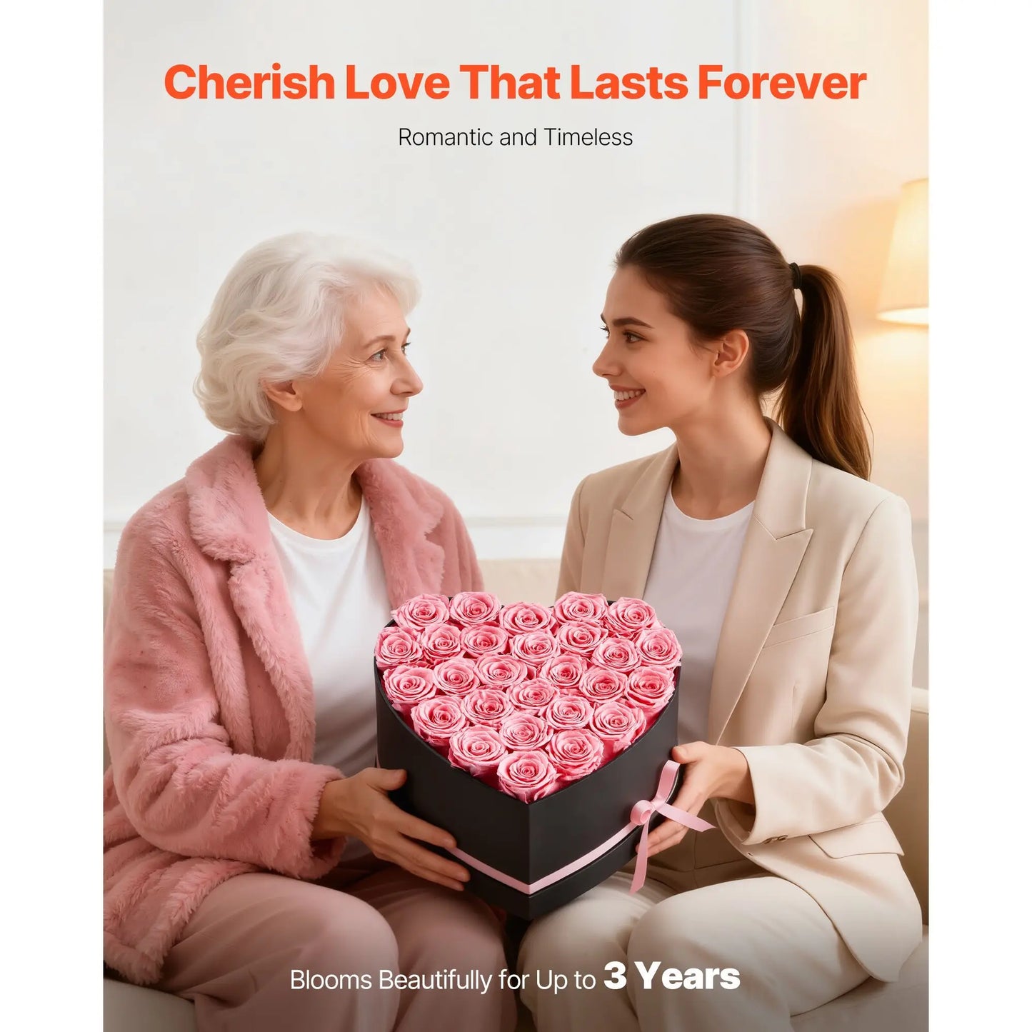 Two women holding a heart-shaped box of pink roses with text about lasting love and rose longevity.
