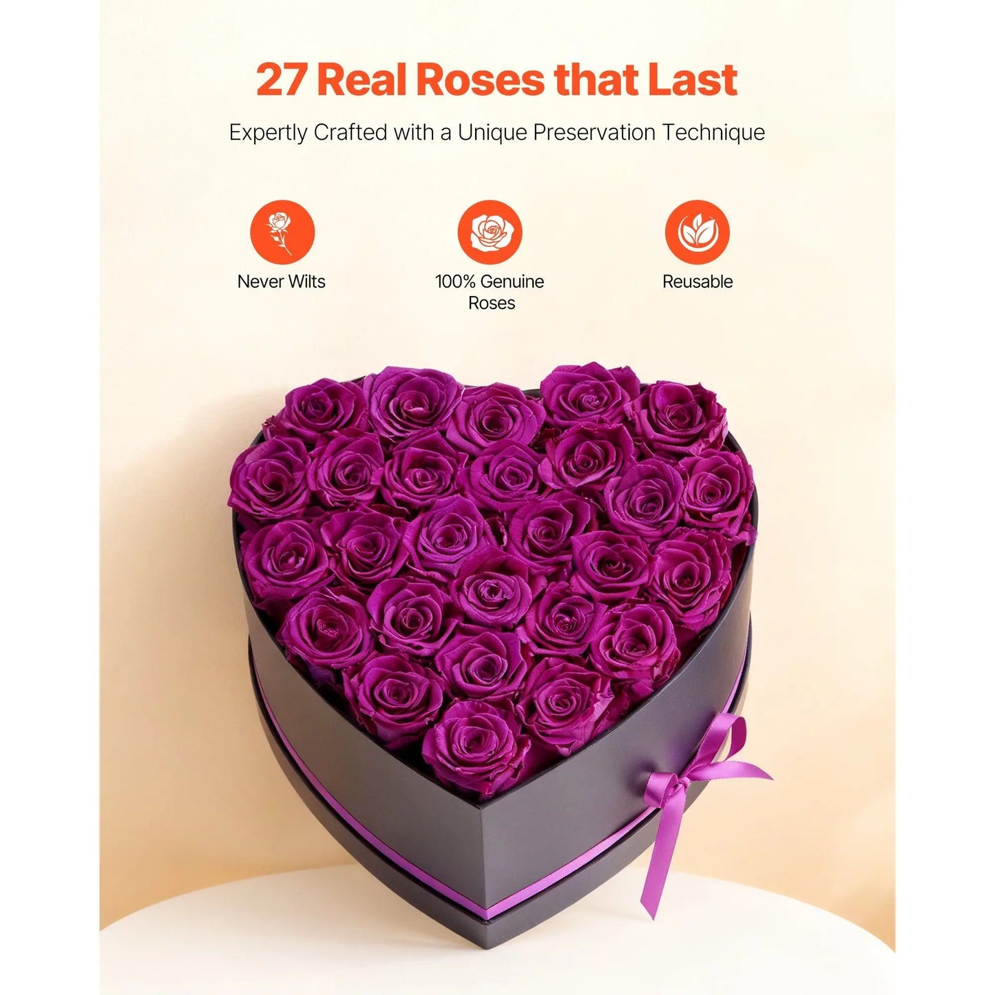 Heart-shaped box of purple roses with text about the roses' features on a beige background