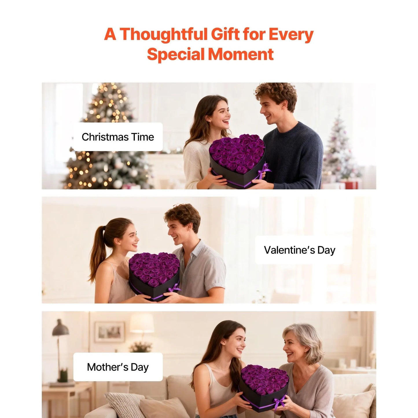 Heart-shaped purple flower arrangement gifted on Christmas, Valentine's Day, and Mother's Day.