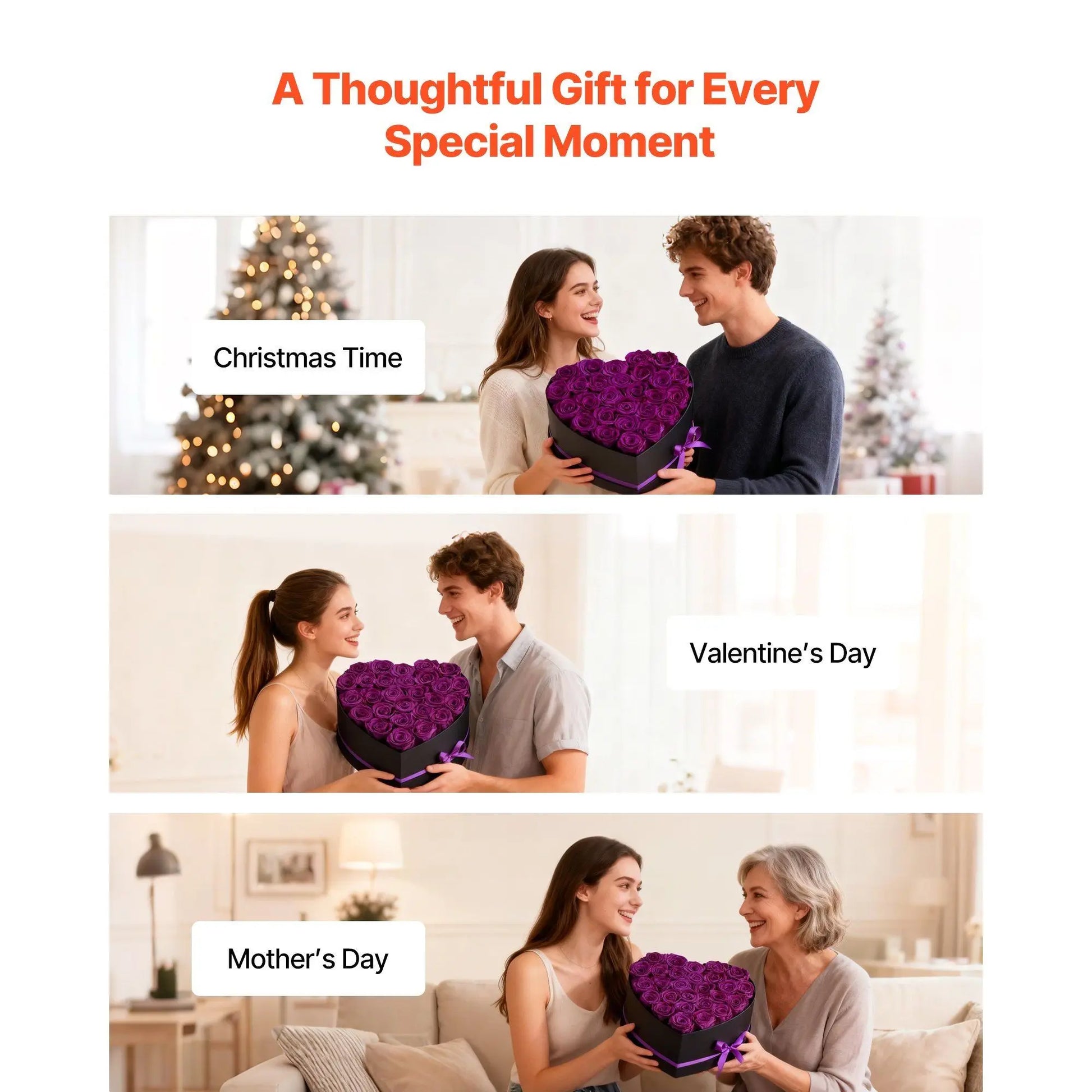Heart-shaped purple flower arrangement gifted on Christmas, Valentine's Day, and Mother's Day.